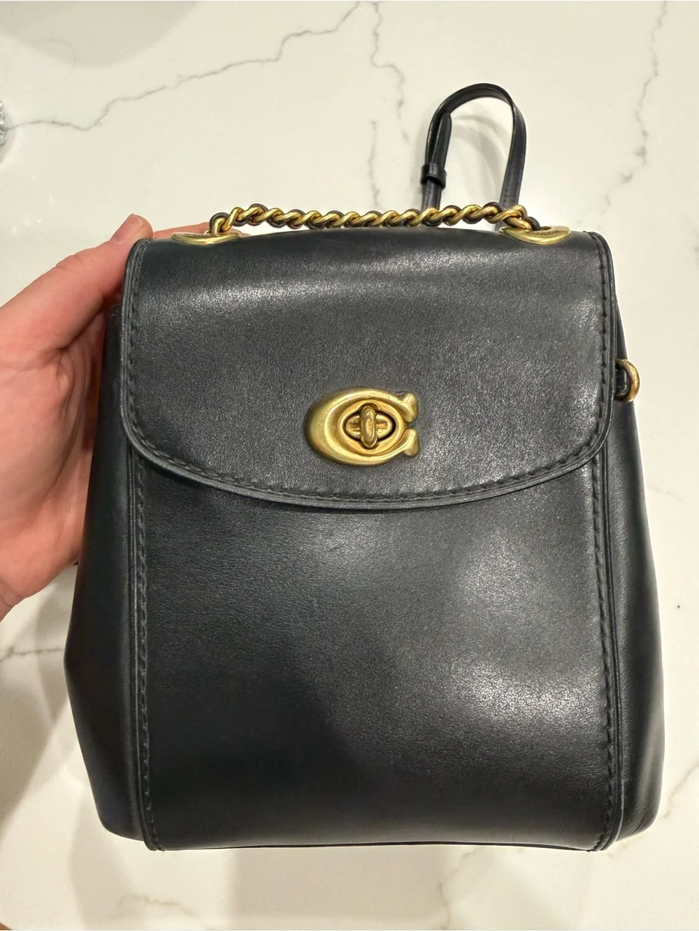 Coach Black Leather Parker Convertible Backpack with Gold Chain Hardware